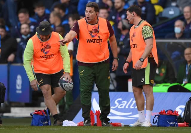 South Africa's director of rugby Rassie Erasmus (centre) was on the sidelines as a water boy during the Autumn Nations Series match against Scotland at Murrayfield. (Photo by Stu Forster/Getty Images)