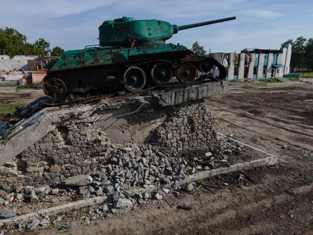 A damaged Soviet tank monument on June 2, 2022 in Trostyanets, Ukraine. Russian forces occupied large swaths of the Sumy region after Moscow invaded Ukraine on Feb. 24, before Ukrainian forces retook control of the area in April. Russia has since concentrated its war effort in the south and east of the country.
