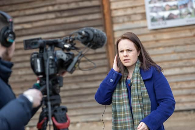 SNP leadership candidate Kate Forbes speaks to the media during her visit to MAKAR Limited, a company that designs and constructs sustainable homes, while on the campaign trail in Inverness.