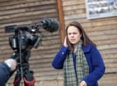 SNP leadership candidate Kate Forbes speaks to the media during her visit to MAKAR Limited, a company that designs and constructs sustainable homes, while on the campaign trail in Inverness.