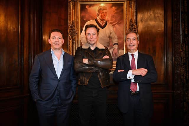 Reform UK leader Nigel Farage, right, and party treasurer Nick Candy with Elon Musk, centre, at Mar-A-Lago, the Florida home of US President elect Donald Trump. Picture: Stuart Mitchell/Reform UK/PA Wire