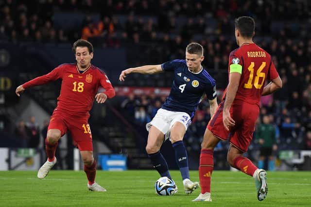 Scott McTominay scores the opening goal in the 2-0 win over Spain at Hampden in March (Photo by Ross MacDonald / SNS Group)