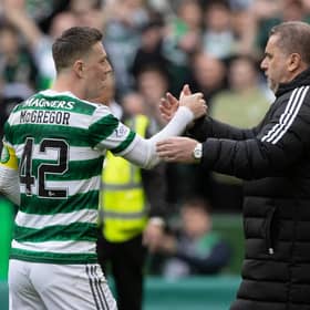 Celtic manager Ange Postecoglou shakes hands with captain Callum McGregor.  (Photo by Craig Williamson / SNS Group)