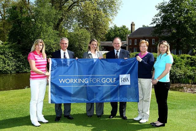 In his time as the R&A's director of golf development, Duncan Weir joined LET player Jo Mundy, Alex Armas, Executive Director of the Ladies European Tour, R&A chief executive Peter Dawson and LET players Karen Lunn and Samantha Head for the presentation of a R&A Working for Golf flag to the Ladies Euopean Tour at The Buckinghamshire Golf Club in 2010. Picture: Richard Heathcote/Getty Images.