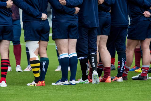 Edinburgh players wearing their club socks in training, with Damien Hoyland, second from left, sporting the colours of both Melrose and Boroughmuir. (Photo by Ross Parker / SNS Group)