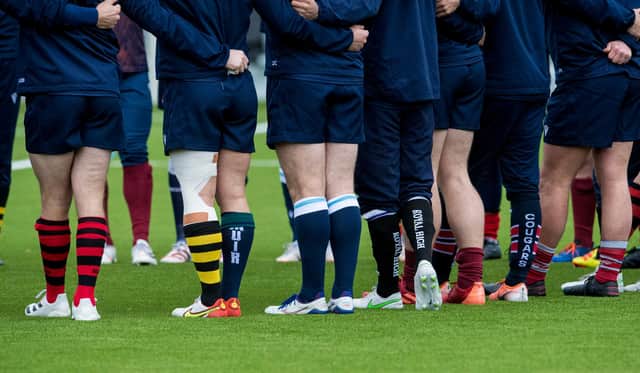 Edinburgh players wearing their club socks in training, with Damien Hoyland, second from left, sporting the colours of both Melrose and Boroughmuir.  (Photo by Ross Parker / SNS Group)