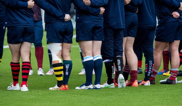 Edinburgh players wearing their club socks in training, with Damien Hoyland, second from left, sporting the colours of both Melrose and Boroughmuir. (Photo by Ross Parker / SNS Group)