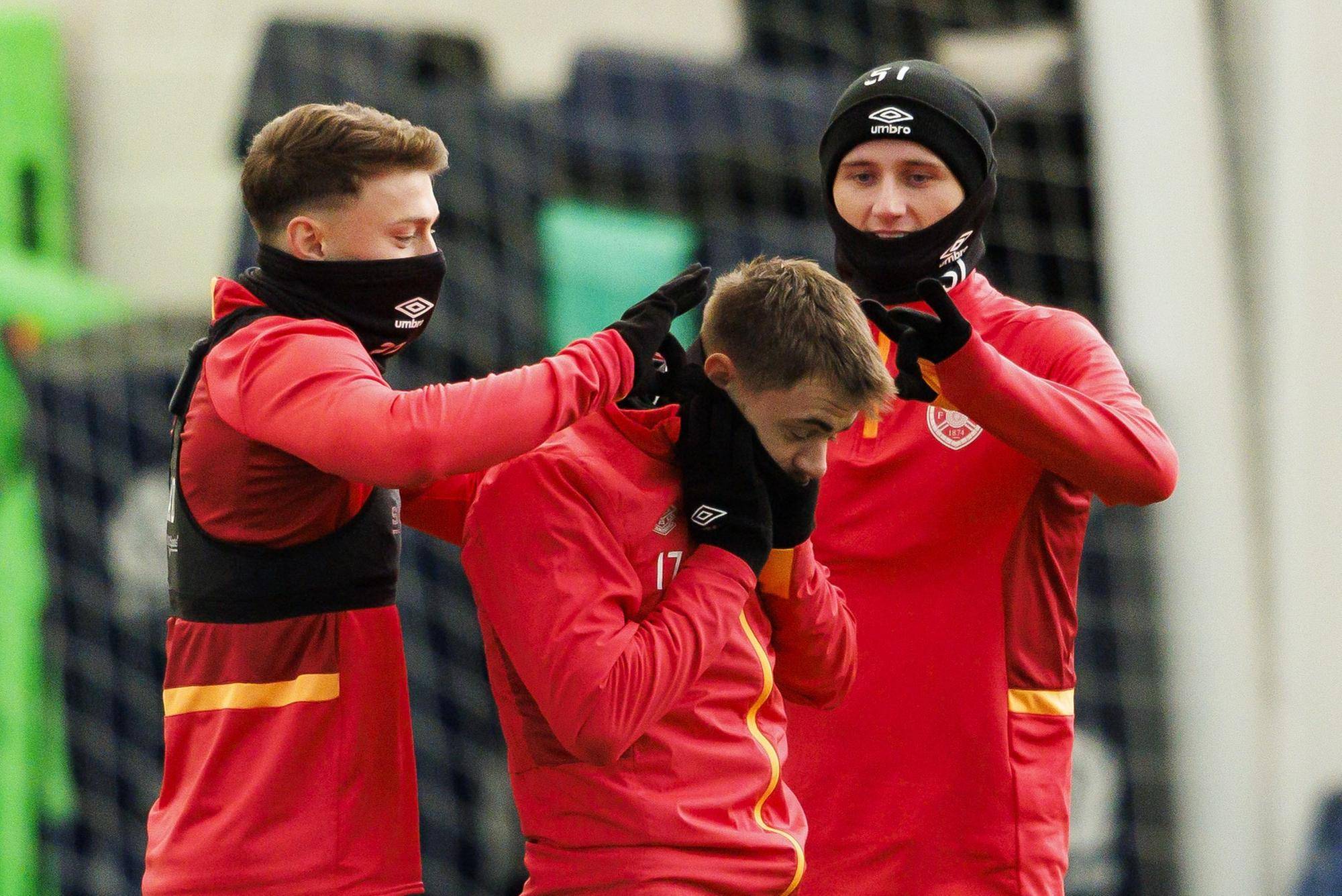Hearts trio Aidan Denholm, Alan Forrest and Alex Lowry during a training session ahead of facing Kilmarnock.