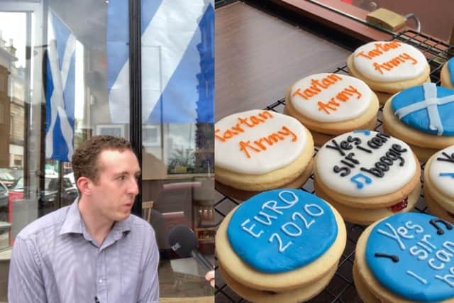 Jonny McDonald manager of the Brooklyn cafe in Glasgow tells of how their Euro 2020 pro-Scotland empire biscuits have been a huge success (Photo: Hannah Brown).