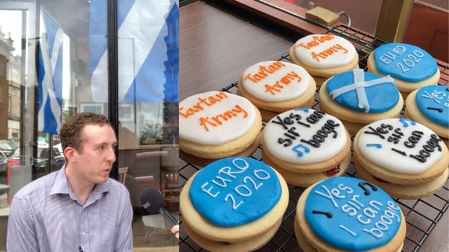 Jonny McDonald manager of the Brooklyn cafe in Glasgow tells of how their Euro 2020 pro-Scotland empire biscuits have been a huge success (Photo: Hannah Brown).
