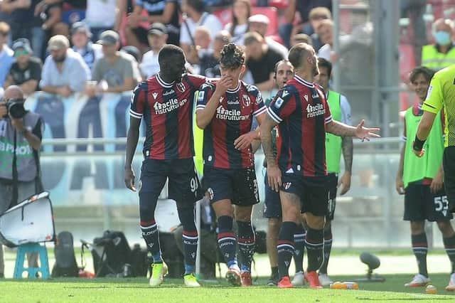 Bologna full-back Aaron Hickey celebrates after scoring against Lazio. Picture: SNS