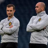 Roberto Martinez and Shaun Maloney in discussion during a Belgium training session at Hampden Park. Pic: SNS