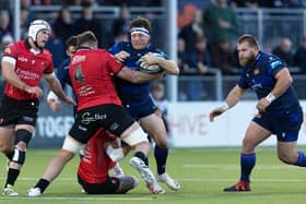 Edinburgh's Hamish Watson on the attack against Lions during the home side's 17-16 win in the BKT United Rugby Championship match at Hive Stadium, on October 28, 2023.  (Photo by Ross Parker / SNS Group)