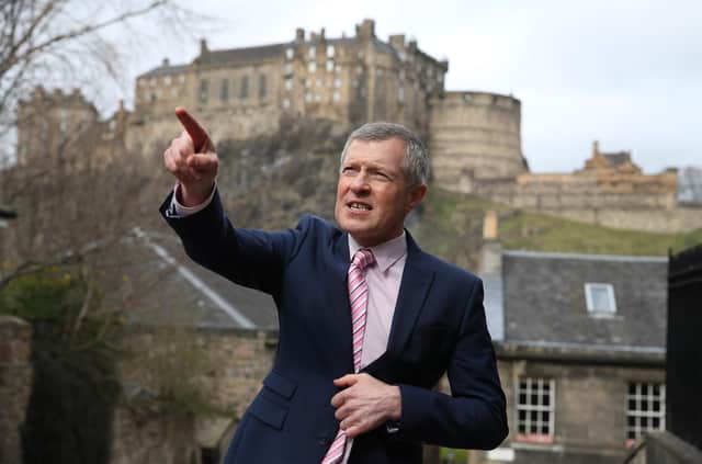 Scottish Liberal Democrat Leader Willie Rennie at the Vennel Viewpoint of Edinburgh Castle, Edinburgh, where he announced his party's pupil premium plans while campaigning for the Scottish Parliamentary election. Picture date: Sunday March 28, 2021.