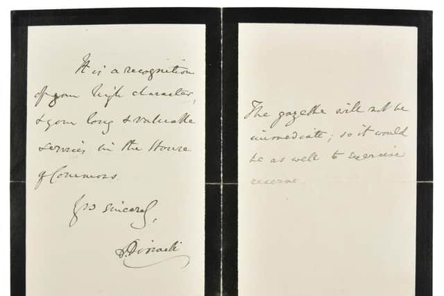 A letter written by Benjamin Disraeli, Earl of Beconsfield, in 1876 to Colonel Gilpin MP informing him that the Queen has awarded him a Baronetcy.