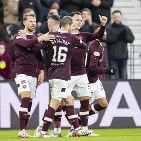 Hearts players celebrate Lawrence Shankland's goal to put the team 2-0 up against Kilmarnock.  (Photo by Roddy Scott / SNS Group)