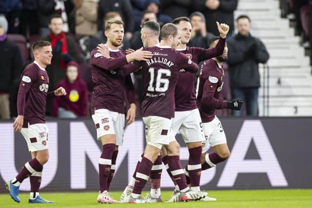 Hearts players celebrate Lawrence Shankland's goal to put the team 2-0 up against Kilmarnock.  (Photo by Roddy Scott / SNS Group)