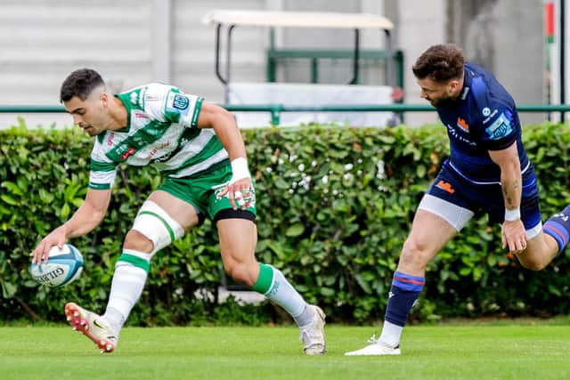 Benetton's Ignacio Mendy scores his side's opening try in the 31-6 victory over Edinburgh in the BKT United Rugby Championship at Stadio Monigo, in Treviso, Italy. (Photo by Alfo Guarise/INPHO/Shutterstock)