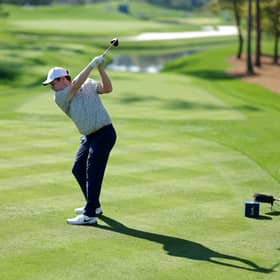 Bob MacIntyre tees off on the 14th hole tee during the first round of The Players Championship in Florida. Picture: Kevin C. Cox/Getty Images.