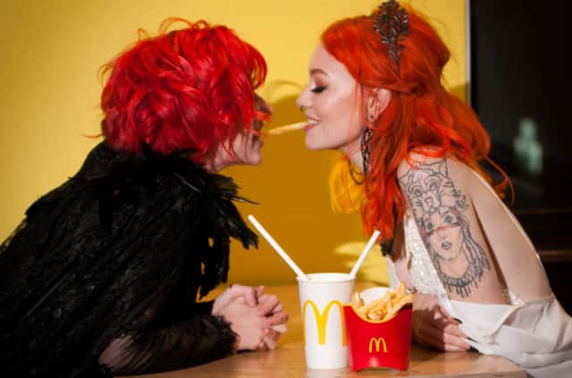 Melissa Russell (right) and Shannon McKenna having their McDonalds’ wedding meal at the fast food restaurant in Motherwell, North Lanarkshire