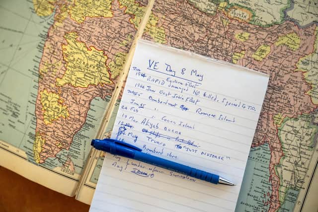 Notes written by Vice Admiral Sir Tom Baird, 100, the former head of Scotland's Navy, as he recalls memories of VE Day.Photo: Jane Barlow/PA Wire
