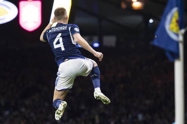 Scott McTominay celebrates scoring his opener in the 2-0 win over Spain on Tuesday (Photo by Ross MacDonald / SNS Group)