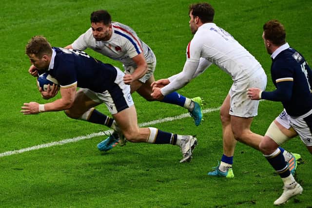 Duhan van der Merwe scores the winning try for Scotland in injury time in Paris. Picture: Martin Bureau/AFP via Getty Images