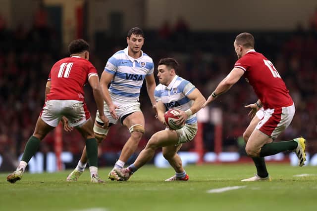 Mateo Carreras of Argentina is challenged by Rio Dyer and George North of Wales during the home side's win in Cardiff. (Photo by Ryan Hiscott/Getty Images)