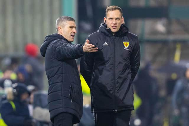 Hibs manager Nick Montgomery speaks to the fourth official during Sunday's Scottish Cup clash with Rangers.
