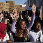 Climate activists march in Sharm El-Sheikh during a demonstration at the Unite Nation COP27 climate summit. Photo: Peter Dejong/AP