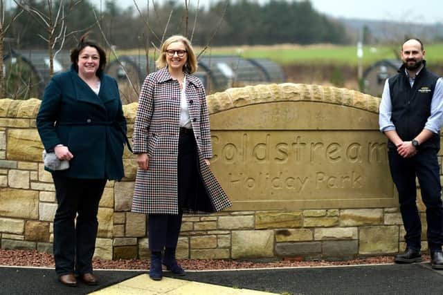 Rachael Hamilton MSP (centre) with park owner Adam Gregg and Sarah Allanson from the BH&amp;HPA