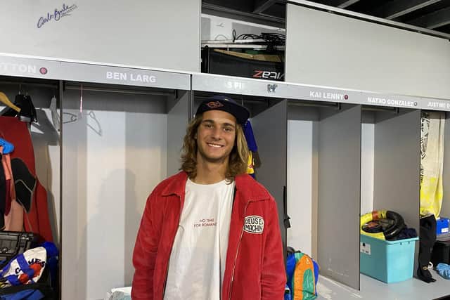 Ben Larg in the Red Bull locker room at Nazaré, just two doors down from the legendary Kai Lenny.