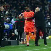 Mike Maignan of AC Milan reacts towards the fourth official alongside his manager Stefano Pioli during the match against Udinese.