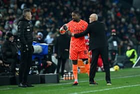 Mike Maignan of AC Milan reacts towards the fourth official alongside his manager Stefano Pioli during the match against Udinese.