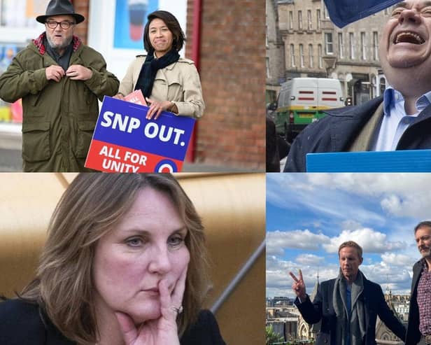 All the smaller parties running for the Scottish elections. L-R: Top: George Galloway with wife Putri Gayatri Pertiwi for All for Unity Party, Alex Salmond leader of the Alba Party.
Bottom: Michelle Ballantyne for Reform UK, Laurence Fox, leader of Reclaim Party, with Glasgow candidate Leo Kearse.