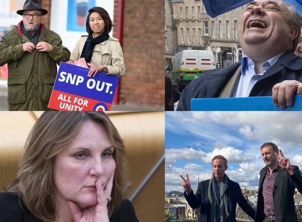 All the smaller parties running for the Scottish elections. L-R: Top: George Galloway with wife Putri Gayatri Pertiwi for All for Unity Party, Alex Salmond leader of the Alba Party.
Bottom: Michelle Ballantyne for Reform UK, Laurence Fox, leader of Reclaim Party, with Glasgow candidate Leo Kearse.