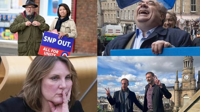 All the smaller parties running for the Scottish elections. L-R: Top: George Galloway with wife Putri Gayatri Pertiwi for All for Unity Party, Alex Salmond leader of the Alba Party.
Bottom: Michelle Ballantyne for Reform UK, Laurence Fox, leader of Reclaim Party, with Glasgow candidate Leo Kearse.