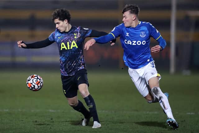 Nathan Patterson, pictured during a Premier League 2 match for Everton's under-23 side against Tottenham in January, has made just one first team appearance for the Goodison Park club so far. (Photo by Lewis Storey/Getty Images)