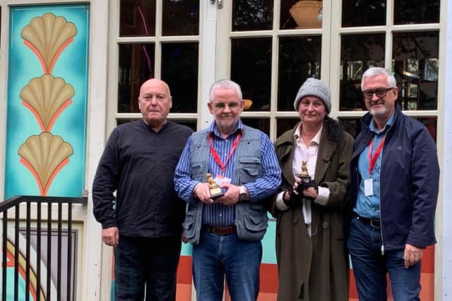 Pictured after winning a Bobby Award for Myra's Story, from left, Richard Beck, Brian Foster, Fiìonna Hewitt-Twamley, William Burdett-Coutts