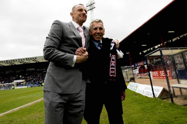 Pat Liney (right) with another former Dundee goalkeeper Robert Douglas at half-time against Kilmarnock in 2013