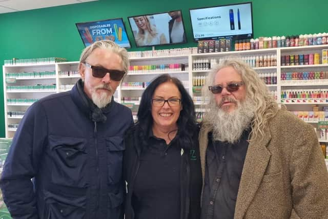 ​Tommy Flanagan and Mark Boone Jnr with store mangaer Steph Twycross.