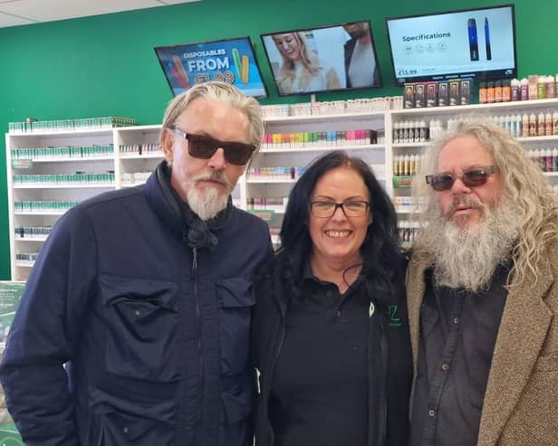 ​Tommy Flanagan and Mark Boone Jnr with store mangaer Steph Twycross.