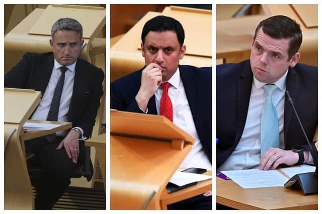 Opposition leaders in Holyrood, Alex Cole-Hamilton of the Scottish Liberal Democrats, Anas Sarwar of Scottish Labour, and Douglas Ross of the Scottish Conservatives.