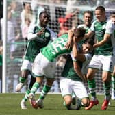 Hibs celebrate Josh Campbell's stoppage-time equaliser.