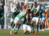Hibs celebrate Josh Campbell's stoppage-time equaliser.