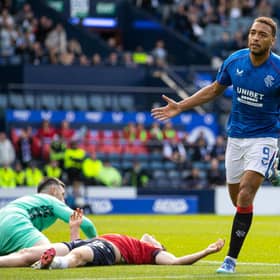Rangers striker Cyriel Dessers celebrates as he sets Rangers on their way to a 6-0 win over Ross County. (Photo by Craig Williamson / SNS Group)