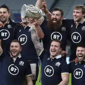 Scotland debutant Cam Redpath, front row left, says Stuart Hogg, with Calcutta Cup, had a huge role in his decision to play for Scotland. Picture: David Davies/PA