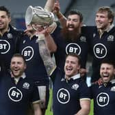 Scotland debutant Cam Redpath, front row left, says Stuart Hogg, with Calcutta Cup, had a huge role in his decision to play for Scotland. Picture: David Davies/PA