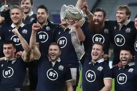Scotland debutant Cam Redpath, front row left, says Stuart Hogg, with Calcutta Cup, had a huge role in his decision to play for Scotland. Picture: David Davies/PA