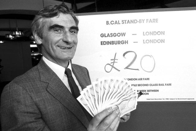 Managing director Alastair Hugh announces a £20 stand-by fare from Edinburgh/Glasgow to London on British Caledonian Airways in August 1980.